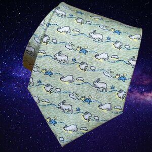 HERMES TIE 7689 OA Silk Rabbit in Forest Light Green Blue Tie Made in France